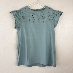 Vertbaudet Girls Short Sleeve Top Blue Green Keyhole Back Lace Accent Size 12